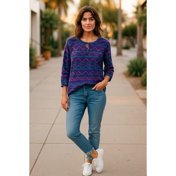 Gudrun Sjoden Pullover Cotton Sweater Purple Hues Tie Neckline Size Medium - Picture 1 of 7
